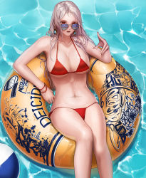 Rule 34 | 1girl, absurdres, aviator sunglasses, belly, bikini, bracelet, breasts, cleavage, demon slayer (dungeon and fighter), dungeon and fighter, earrings, female slayer (dungeon and fighter), highres, huge filesize, innertube, jewelry, large breasts, legs together, light brown hair, long hair, looking at viewer, looking over eyewear, lying, monaim, navel, on back, open mouth, outdoors, parted bangs, red bikini, red eyes, side-tie bikini bottom, side-tie bottom, silver hair, solo, sunglasses, swim ring, swimsuit, teeth, water, wet