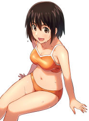 Rule 34 | 1girl, :d, arm support, arms at sides, asada hachi, ayase fuuka, bikini, breasts, brown eyes, brown hair, collarbone, commentary request, eyebrows, hair between eyes, medium breasts, navel, open mouth, orange bikini, short hair, simple background, sitting, smile, solo, stomach, swimsuit, wet, white background, yotsubato!
