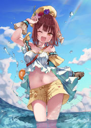 Rule 34 | 1girl, ;d, alt (ctrldel), asymmetrical gloves, asymmetrical sleeves, atelier (series), atelier sophie, blue sky, breasts, brown eyes, brown hair, cleavage, cloud, collarbone, day, flower, from below, gloves, hair flower, hair ornament, hat, highres, jewelry, medium breasts, midriff, navel, necklace, one eye closed, open mouth, outdoors, purple flower, red flower, short hair, short shorts, shorts, sky, smile, solo, sophie neuenmuller, standing, stomach, uneven gloves, uneven sleeves, wading, wrist cuffs, yellow hat, yellow shorts