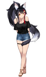 Rule 34 | 1girl, absurdres, alternate costume, animal ear fluff, animal ears, black shirt, breasts, cleavage, collarbone, commentary request, denim, denim shirt, denim shorts, full body, hair ornament, high ponytail, highres, hololive, jewelry, light smile, long hair, looking at viewer, medium breasts, multicolored hair, necklace, off-shoulder shirt, off shoulder, ookami mio, ponytail, red hair, sandals, shirt, short shorts, short sleeves, shorts, sidelocks, simple background, smile, standing, streaked hair, tail, tail around own leg, thigh strap, very long hair, virtual youtuber, white background, wolf ears, wolf girl, wolf tail, yamabuki7979, yellow eyes