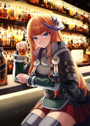 Rule 34 | 1girl, absurdres, arknights, bagpipe (arknights), bar (place), belt, bottle, commentary, cup, drinking glass, gongbangmanchi (daisy cutter), grin, hand up, highres, holding, holding cup, horns, ice, ice cube, indoors, jacket, long hair, long sleeves, looking at viewer, miniskirt, orange hair, pleated skirt, pouch, purple eyes, red skirt, sitting, skirt, smile, solo, sweat, thighhighs, very long hair