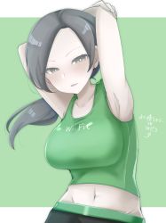 Rule 34 | armpits, arms up, bare shoulders, black hair, black pants, blush, breasts, capri pants, chiji komari, colored skin, forehead, green background, green shirt, grey eyes, highres, large breasts, looking at viewer, midriff, navel, nintendo, open mouth, pale skin, pants, parted bangs, ponytail, shirt, simple background, sleeveless, smile, solo, stretching, super smash bros., tank top, translated, white skin, wii fit, wii fit trainer, wii fit trainer (female)