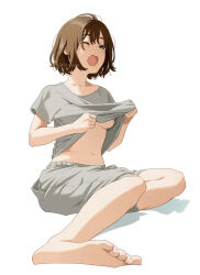 Rule 34 | 1girl, barefoot, breasts, brown hair, clothes lift, collarbone, feet, foreshortening, full body, grey eyes, grey shirt, grey shorts, hands up, lifted by self, mattaku mousuke, medium breasts, medium hair, navel, one eye closed, open mouth, original, shadow, shirt, shirt lift, short sleeves, shorts, simple background, sitting, soles, solo, stomach, teeth, toenails, toes, tongue, twitter username, underboob, upper teeth only, white background, yawning