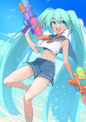 Rule 34 | 1girl, absurdres, aqua eyes, aqua hair, aqua nails, armpit crease, azuumori, beach, bird, blue sailor collar, blue shorts, blue sports bra, breasts, cloud, cloudy sky, commentary, crop top, day, double horizontal stripe, dual wielding, english commentary, feet out of frame, finger on trigger, hair between eyes, hand up, hatsune miku, highres, holding, holding water gun, long hair, looking at viewer, medium breasts, midriff, nail polish, navel, neckerchief, ocean, open mouth, outdoors, red neckerchief, round teeth, sailor collar, seagull, shirt, shorts, sidelocks, sky, sleeveless, sleeveless shirt, smile, solo, sports bra, standing, standing on one leg, teeth, trigger discipline, twintails, upper teeth only, very long hair, vocaloid, water, water gun, white shirt