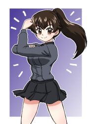 Rule 34 | 1girl, black skirt, blue background, brown eyes, brown hair, clenched hand, closed mouth, commentary, cowboy shot, dress shirt, flexing, girls und panzer, grey shirt, hand on own arm, itsumi erika&#039;s loader, kuromorimine school uniform, long hair, long sleeves, looking at viewer, miniskirt, notice lines, outline, pleated skirt, ponytail, school uniform, shirt, skirt, smile, solo, standing, takahashi kurage, white outline, wing collar