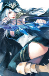 Rule 34 | 1girl, arrow (projectile), ashe (league of legends), blue eyes, boots, bow (weapon), breasts, cleavage, detached sleeves, hood, ippus, league of legends, light smile, lips, solo, thigh boots, thighhighs, thighs, weapon, white hair