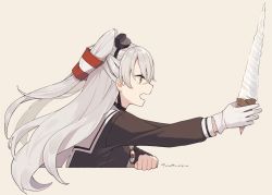 Rule 34 | 1girl, amatsukaze (kancolle), black dress, commentary request, cropped torso, dress, food, gloves, grey hair, grey neckerchief, hair between eyes, holding, holding food, ice cream, ice cream cone, ichiroku (sakumogu-029), kantai collection, long hair, long sleeves, neckerchief, orange eyes, profile, signature, simple background, single glove, solo, two side up, upper body, white gloves