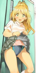 Rule 34 | 1girl, 216 zig, blush, bracelet, clothes lift, commentary request, green eyes, grey skirt, highres, hino akane (idolmaster), idolmaster, idolmaster cinderella girls, indoors, jewelry, locker, long hair, looking at viewer, open mouth, orange hair, plaid, plaid skirt, pleated skirt, ponytail, school uniform, scrunchie, skirt, skirt lift, solo, sweatdrop, swimsuit, swimsuit under clothes, thighs, wavy hair