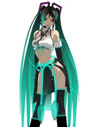 Rule 34 | 1girl, 3d, android, aqua eyes, aqua hair, bare shoulders, bug, calne ca (deino), cosplay, crop top, crustacean, deino (deino3330), detached sleeves, front-tie top, hatsune miku, hatsune miku (cosplay), headset, heterochromia, highres, isopod, jewelry, long hair, looking at viewer, midriff, nato-kun, original, red eyes, see-through, simple background, skull, solo, tongue, twintails, very long hair, vocaloid, white background