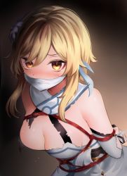 Rule 34 | 1girl, arms behind back, bdsm, blonde hair, blush, bondage, bound, bound arms, breasts, brown background, brown eyes, cleavage, detached sleeves, dress, flower, gag, gagged, genshin impact, gradient background, hair flower, hair ornament, highres, improvised gag, long sleeves, looking at viewer, lumine (genshin impact), neit ni sei, nose blush, photoshop (medium), shibari, shibari over clothes, short hair with long locks, sidelocks, solo, tearing up, tears, torn clothes, torn dress, upper body, v-shaped eyebrows, white dress, white flower