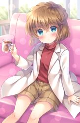 Rule 34 | 1girl, blue eyes, blurry, blurry background, blush, brown hair, brown shorts, closed mouth, commentary request, couch, cup, day, depth of field, feet out of frame, haibara ai, hair between eyes, highres, holding, holding cup, indoors, kouta., lab coat, long sleeves, looking at viewer, meitantei conan, mug, on couch, open clothes, red shirt, shirt, shorts, sitting, solo, window