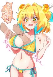 Rule 34 | + +, 1girl, absurdres, bare shoulders, bikini, blonde hair, blue eyes, blue hair, blush, bombergirl, breasts, chawan (yultutari), cleavage, collarbone, grabbing, grabbing another&#039;s breast, grenade hair ornament, hand under clothes, highres, large breasts, multicolored hair, navel, open mouth, pine (bombergirl), short hair, side-tie bikini bottom, solo focus, speech bubble, swimsuit, symbol-shaped pupils, thighs, translation request, twintails, two-tone hair, yellow bikini, yellow pupils