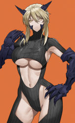 Rule 34 | 1girl, armpit cutout, armpits, artoria pendragon (fate), artoria pendragon (lancer alter) (fate), black bodysuit, blonde hair, bodysuit, braid, breasts, center opening, closed mouth, clothing cutout, commentary request, covered collarbone, cowboy shot, crotch cutout, fate/grand order, fate (series), french braid, gauntlets, gloves, groin, hair between eyes, hand on own hip, hand up, highres, horns, large breasts, long hair, looking at viewer, navel, none (kameko227), orange background, revealing clothes, sidelocks, simple background, solo, standing, stomach, taut clothes, thighhighs, underboob, yellow eyes