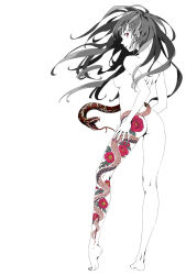 Rule 34 | 1girl, ass, back, black hair, breasts, flower, highres, kamogawa (kamogawa sodachi), kansou hada, long hair, looking at viewer, looking back, monochrome, nipples, nude, original, pink eyes, shoulder blades, simple background, snake, solo, spot color, standing, tattoo, white background