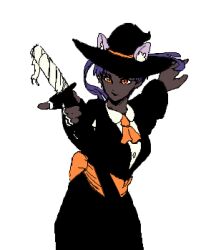 Rule 34 | 1girl, animal ears, cat ears, dancer, dark skin, formal, hat, holding, holding weapon, katana, looking at viewer, orange eyes, original, ponytail, purple hair, simple background, smile, smirk, solo, suit, sunflowerpot, sword, weapon, white background, witch hat