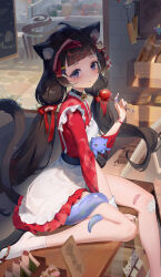 Rule 34 | 1girl, absurdres, animal ears, apron, arm support, baguette, bandaid, bandaid on hand, bandaid on knee, bandaid on leg, bell, black choker, black hair, bread, brick wall, candy apple, cat ears, cat girl, cat tail, choker, commentary request, dress, food, frilled apron, frills, hand up, highres, holding, holding food, hz (megumi akira), japanese clothes, jingle bell, kimono, long hair, long sleeves, looking at viewer, low-tied long hair, low twintails, maid apron, neck bell, no shoes, okobo, original, parted lips, purple eyes, red dress, red kimono, sandals, short kimono, sitting, socks, solo, tabi, tail, tentacles, twintails, very long hair, white apron, white socks