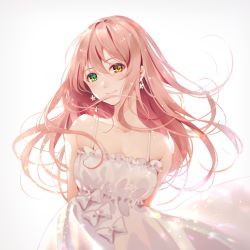 Rule 34 | 1girl, arms behind back, bare shoulders, blush, closed mouth, commentary request, dress, earrings, green eyes, hair between eyes, heterochromia, highres, jewelry, long hair, looking at viewer, niya, orange eyes, original, pink hair, simple background, smile, solo, tidsean, upper body, white background, white dress