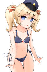 Rule 34 | 1girl, bare arms, bare shoulders, bikini, blonde hair, blue eyes, blush, breasts, collarbone, cowboy shot, female focus, girls&#039; frontline, hair between eyes, hair ribbon, hat, highres, looking at viewer, navel, note2000, ribbon, side-tie bikini bottom, simple background, small breasts, solo, star (symbol), super-shorty (girls&#039; frontline), swimsuit, thigh gap, twintails, white background