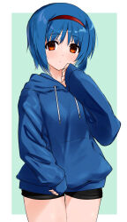 Rule 34 | 1girl, alternate costume, bike shorts, black shorts, blue hair, blue hoodie, blush, casual, commentary request, commission, cowboy shot, expressionless, eyes visible through hair, green background, hair between eyes, hairband, hand up, highres, hood, hood down, hoodie, little busters!, looking at viewer, nishizono mio, orange eyes, parted lips, red hairband, short hair, shorts, simple background, skeb commission, sleeves past wrists, solo, standing, zenoo