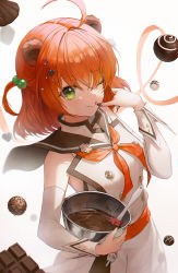 Rule 34 | 1girl, ;q, absurdres, ahoge, animal ears, black sailor collar, bowl, cake, chocolate, closed mouth, crystalherb, detached sleeves, food, ginger (grimlight), gradient background, green eyes, grey background, grimlight, hair between eyes, hair bobbles, hair ornament, highres, holding, holding bowl, looking at viewer, neckerchief, one eye closed, red hair, red neckerchief, sailor collar, short hair, smile, tongue, tongue out, white sleeves