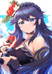 Rule 34 | 1girl, blue eyes, blush, braid, breasts, cleavage, closed mouth, crown braid, fingerless gloves, fire emblem, fire emblem awakening, fire emblem heroes, flower, gloves, hair flower, hair ornament, highres, holding, long hair, looking at viewer, lucina (fire emblem), marth (fire emblem awakening), medium breasts, nakabayashi zun, nintendo, purple hair, solo, swimsuit, upper body