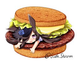 Rule 34 | 1girl, animal ears, black hat, blue flower, blue rose, blush, bread bun, brown hair, burger, cheese, flower, food, food focus, hair over one eye, hat, hat flower, horse ears, in food, long hair, looking at viewer, mini person, minigirl, name connection, object namesake, open hands, open mouth, outstretched arms, purple eyes, purple shirt, rice, rice shower (umamusume), rose, salad, shirt, short sleeves, signature, sleeping, sliced cheese, smile, solo, steak, sudou noboru, twitter username, umamusume, white background