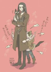 Rule 34 | 2boys, animal, animal ears, black cat, black hair, black pants, blue pants, boots, brown coat, brown footwear, cat, cat boy, cat ears, cat tail, coat, dated, highres, holding, holding animal, holding cat, long hair, luo xiaohei, luo xiaohei (human), luo xiaohei zhanji, mugi-co, multiple boys, pants, pink background, short hair, simple background, tail, translation request, white hair, wuxian (the legend of luoxiaohei)