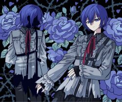 Rule 34 | 2boys, arm behind back, belt, black background, black belt, black pants, blue eyes, blue flower, blue hair, blue nails, blue rose, chest harness, closed mouth, collared shirt, commentary request, faceless, faceless male, floral background, flower, grey shirt, harness, highres, kaito (vocaloid), korean commentary, long sleeves, looking at viewer, male focus, meremero, multiple boys, nail polish, neck ribbon, pants, plant, project sekai, red ribbon, ribbon, rose, shirt, short hair, silhouette, standing, thorns, vines