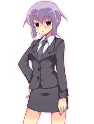 Rule 34 | 1girl, blazer, coat, hand on own hip, jacket, kainou yoshiko, kuromu (cr0711), necktie, purple hair, saki (manga), solo