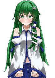 Rule 34 | 1girl, bare shoulders, braid, closed mouth, collar, commentary, cowboy shot, detached sleeves, frog hair ornament, frown, green eyes, green hair, hair ornament, hair tubes, highres, kochiya sanae, light blush, long hair, looking at viewer, navel, ramiki, shirt, simple background, snake hair ornament, solo, touhou, very long hair, white background, white shirt, wide sleeves
