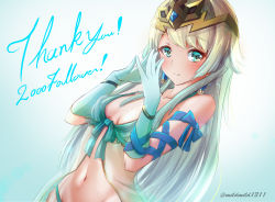 Rule 34 | 1girl, alternate costume, alternate hair length, alternate hairstyle, artist name, bare shoulders, blonde hair, blue eyes, blue hair, blush, breasts, clear glass (mildmild1311), cleavage, closed mouth, commentary request, earrings, elbow gloves, fire emblem, fire emblem heroes, fjorm (fire emblem), gloves, gradient background, gradient gloves, gradient hair, highres, jewelry, long hair, looking at viewer, medium breasts, multicolored hair, navel, nintendo, see-through, simple background, smile, solo, stomach, tiara, upper body
