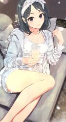 Rule 34 | 1girl, alcohol, bare legs, black hair, blush, bra strap, breasts, brown eyes, camisole, champagne, character name, cleavage, closed mouth, collarbone, copyright name, couch, cup, drinking glass, dutch angle, feet out of frame, fingernails, from above, fur jacket, hand up, headband, highres, holding, holding cup, hood, hood down, hooded jacket, indoors, jacket, light particles, lips, looking at viewer, lying, medium breasts, medium hair, on couch, on side, open clothes, open jacket, pillow, ponkan 8, revision, shirt, short shorts, shorts, sleeveless, sleeveless shirt, smile, solo, spaghetti strap, strap, white jacket, white shorts, yahari ore no seishun lovecome wa machigatteiru., yukinoshita haruno