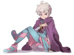 Rule 34 | 1boy, ahoge, arm support, bede (pokemon), blue pants, closed mouth, coat, coat on shoulders, commentary request, creatures (company), crossed legs, curly hair, eyelashes, full body, game freak, grey hair, hand up, looking at viewer, male focus, marutei2, nintendo, official alternate costume, pants, pokemon, pokemon swsh, purple coat, purple eyes, shirt, shoes, short hair, shorts, simple background, sitting, smile, watch, white shorts, wristwatch