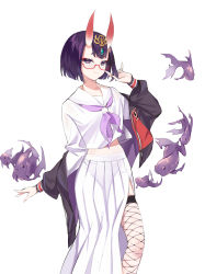 Rule 34 | 1girl, absurdres, black jacket, blush, bob cut, breasts, closed mouth, commentary request, crop top, eyeliner, fang, fate/grand order, fate (series), fish, fishnet legwear, fishnets, glasses, headpiece, highres, horns, jacket, long skirt, long sleeves, looking at viewer, makeup, midriff, neckerchief, off shoulder, oni, open clothes, open jacket, pleated skirt, purple eyes, purple hair, purple neckerchief, red-framed eyewear, revision, sailor collar, school uniform, serafuku, shirt, short eyebrows, short hair, shuten douji (fate), simple background, skin-covered horns, skirt, small breasts, smile, solo, thighs, wenwen e, white background, white shirt, white skirt