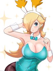 Rule 34 | 1girl, alternate costume, animal ears, armpits, bare shoulders, blonde hair, blue bow, blue eyes, blue leotard, blue nails, bow, bow choker, breasts, cleavage, closed mouth, commentary, covered navel, earrings, eyelashes, fake animal ears, freckles, hair over one eye, highres, jewelry, large breasts, leotard, long hair, looking at viewer, mario (series), nintendo, pantyhose, playboy bunny, rabbit ears, rosalina, solo, star (symbol), star earrings, strapless, strapless leotard, super mario galaxy, thedarkestuno, wrist cuffs