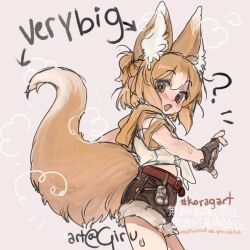 1girl ? animal_ear_fluff animal_ears arrow_(symbol) belt black_gloves blush brown_eyes brown_hair brown_shorts fingerless_gloves fox_ears fox_girl fox_tail from_side girutea gloves looking_back open_mouth original shirt short_hair short_sleeves shorts solo tail white_shirt