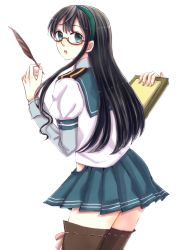 Rule 34 | 10s, 1girl, :o, bad id, bad pixiv id, black hair, book, brown thighhighs, clipboard, colored skin, cowboy shot, feathers, glasses, green eyes, hairband, highres, hip vent, holding, holding book, kantai collection, long hair, looking back, ooyodo (kancolle), open mouth, pleated skirt, quill, ribbon-trimmed legwear, ribbon trim, school uniform, serafuku, shiro (raby), simple background, skirt, solo, thighhighs, white background, white skin