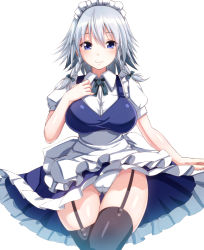 Rule 34 | 1girl, apron, blue eyes, blush, bow, braid, breasts, crotch seam, ebi 193, female focus, garter straps, gluteal fold, hair bow, izayoi sakuya, large breasts, looking at viewer, maid, maid apron, maid headdress, panties, pantyshot, short hair, silver hair, simple background, smile, solo, standing, thigh gap, thighhighs, thighs, touhou, twin braids, underwear, waist apron, white background, white panties