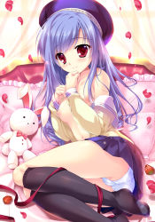 Rule 34 | 00s, 1girl, aria (sister princess), ass, bad id, bad pixiv id, bed, black socks, blush, breasts, cameltoe, cleft of venus, food, frilled pillow, frills, fruit, hat, kneehighs, long hair, looking at viewer, lying, mikeou, nipples, no bra, no shoes, off shoulder, on bed, on side, open clothes, open shirt, panties, petals, pillow, pleated skirt, purple hair, red eyes, ribbon, shirt, sister princess, skirt, small breasts, smile, socks, solo, strawberry, stuffed toy, underwear, white panties