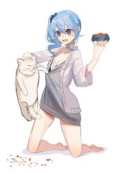 Rule 34 | 1girl, absurdres, bad id, bad twitter id, bare legs, barefoot, blue eyes, blue hair, blue nails, bowl, camisole, cardigan, cat, collarbone, flat chest, grey shirt, hair ornament, hair scrunchie, highres, hololive, hoshimachi suisei, kneeling, nagahisa, nail polish, open mouth, pet bowl, pet food, scrunchie, shirt, side ponytail, simple background, solo, star-shaped pupils, star (symbol), sweatdrop, symbol-shaped pupils, t-shirt, virtual youtuber, white background