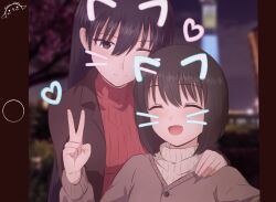 Rule 34 | 2girls, :d, ^ ^, absurdres, animal ears, artist logo, artist name, azumanga daiou, black eyes, black hair, black jacket, blunt ends, blurry, blurry background, blush, bob cut, breasts, brown cardigan, brown hair, brown sweater, building, cardigan, cat ears, circle, close-up, closed eyes, closed mouth, commentary, depth of field, drawn ears, drawn heart, drawn whiskers, english commentary, fake animal ears, foliage, hair between eyes, hand on another&#039;s shoulder, hand up, heads together, heart, height difference, highres, jacket, kaori (azumanga daioh), kurumimi birb, large breasts, light blush, long bangs, long hair, long sleeves, looking at another, multiple girls, night, nuzzle, one eye closed, open clothes, open jacket, open mouth, pillarboxed, portrait, red sweater, ribbed sweater, sakaki (azumanga daioh), selfie, short hair, side-by-side, signature, small breasts, smile, sweater, tree, turtleneck, turtleneck sweater, upper body, v, very long hair, whiskers