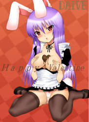 Rule 34 | 1girl, animal ears, bad id, bad pixiv id, between breasts, blush, breasts, rabbit ears, chocolate, daive, female focus, happy valentine, highres, large breasts, maid, panties, reisen udongein inaba, solo, symbol-shaped pupils, thighhighs, touhou, underwear, valentine