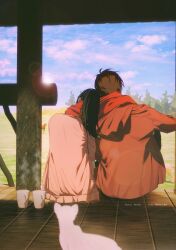 Rule 34 | 1boy, 1girl, absurdres, alternate universe, black hair, blue sky, brown hair, brown jacket, cat, chinese commentary, cloud, commentary request, cup, eren yeager, from behind, head on another&#039;s shoulder, hetero, highres, hood, hooded jacket, horse, jacket, lens flare, mikasa ackerman, niku (ni23ku), pink jacket, ponytail, porch, shingeki no kyojin, sitting, sky, steam, sun, tree
