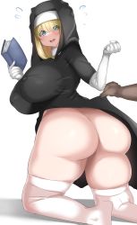 Rule 34 | 1girl, absurdres, ass, blonde hair, blush, book, breasts, gloves, habit, highres, huge ass, huge breasts, hyuuman, nun, surprised, thick thighs, thighhighs, thighs