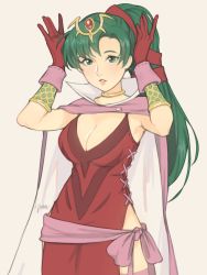 Rule 34 | 1girl, artist name, breasts, choker, cleavage, cosplay, dress, earrings, female focus, fire emblem, fire emblem: the blazing blade, fire emblem awakening, fire emblem heroes, gloves, green eyes, green hair, hair ribbon, high ponytail, highres, jewelry, jivke, large breasts, long hair, lyn (fire emblem), matching hair/eyes, nintendo, parted lips, pelvic curtain, ponytail, red gloves, ribbon, signature, tiki (adult) (fire emblem), tiki (fire emblem), tiki (fire emblem) (cosplay)