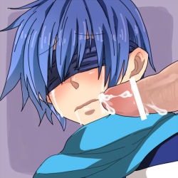 Rule 34 | artist request, blindfold, blue hair, blush, censored, cum, facial, fellatio, kaito (vocaloid), male focus, oral, penis, saliva, scarf, source request, tears, vocaloid, yaoi