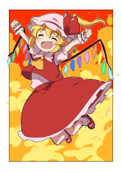 Rule 34 | 1girl, :d, ^ ^, absurdres, ankle socks, arms up, blonde hair, clenched hands, closed eyes, crystal, explosion, fang, fire, flandre scarlet, full body, hat, hat ribbon, highres, miz (mizillustration), mob cap, no nose, one side up, open mouth, outside border, red footwear, red ribbon, red skirt, red vest, ribbon, shirt, short hair, short sleeves, skirt, smile, socks, solo, split mouth, touhou, vest, white hat, white shirt, white socks, wings, wrist cuffs