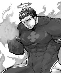Rule 34 | 1boy, bad id, bad pixiv id, bara, bodysuit, bulge, covered abs, covered navel, cowboy shot, facial hair, fighting stance, fire, flaming halo, flaming hand, frown, greyscale, halo, hip vent, large pectorals, looking to the side, male focus, mature male, monochrome, muscular, muscular male, pectorals, po fu, serious, short hair, sideburns, skin tight, stubble, thick thighs, thighs, tokyo houkago summoners, zabaniyya (housamo)