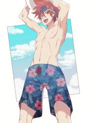 Rule 34 | 1boy, abs, arm up, artist request, blue male swimwear, blue swim trunks, cloud, cloudy sky, floral print, floral swimsuit, headband, hibiscus print, highres, kyan reki, male focus, male swimwear, muscular, muscular male, navel, nipples, open mouth, orange eyes, print male swimwear, print swim trunks, print swimsuit, red hair, short hair, sk8 the infinity, sky, smile, source request, swim trunks, swimsuit
