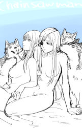 Rule 34 | 2girls, aftersex, animal, bed, bed sheet, blue background, blue theme, breasts, chainsaw man, couple, dog, expressionless, eyepatch, hair down, hand on another&#039;s chin, highres, light smile, long hair, looking at another, looking at viewer, makima (chainsaw man), medium breasts, monochrome, multiple girls, nude, pet, quanxi (chainsaw man), ringed eyes, smile, thighs, yuni (monoxx), yuri